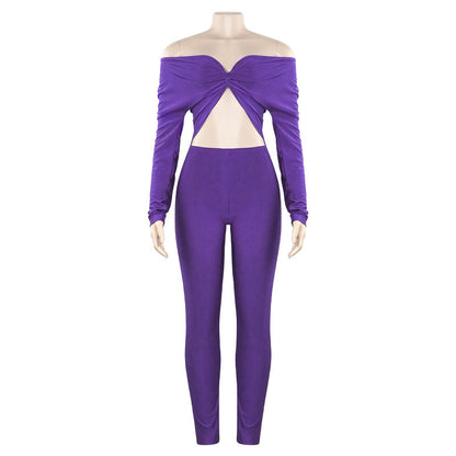 Autumn Color V Neck Twist Hollow Out Cutout Cropped High Waist Long Sleeve Jumpsuit