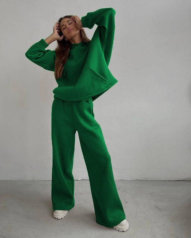 Autumn Winter Loose Exercise Hooded Sweater Set Straight Leg Pants Two Piece Set
