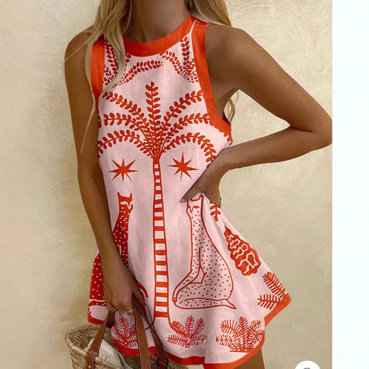 Printed Linen Sleeveless Mini Dress