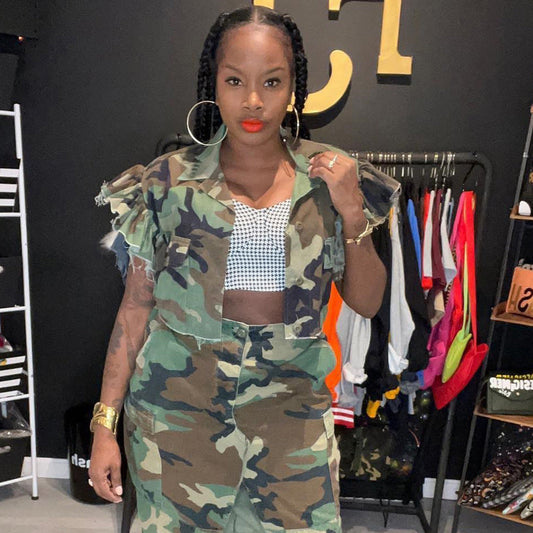 Camouflage Clothing Flounce Sleeve Pocket Personalized Cardigan Outdoor Short Sleeve Coat