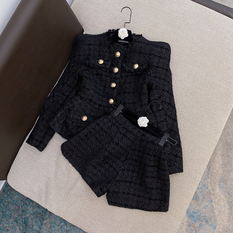 Autumn Winter Chanel-style White Shiner Tweed Coat Jacket Shorts Suit Two-piece Set