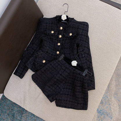 Autumn Winter Chanel-style White Shiner Tweed Coat Jacket Shorts Suit Two-piece Set
