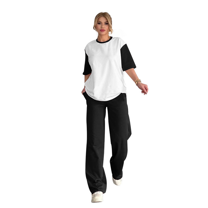 Summer Contrast Color Round Neck Short Sleeved T Shirt Wide Leg Pants Two Piece Sets