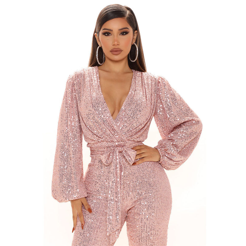Fall Winter Slim V Neck One Piece Wide Leg Pants