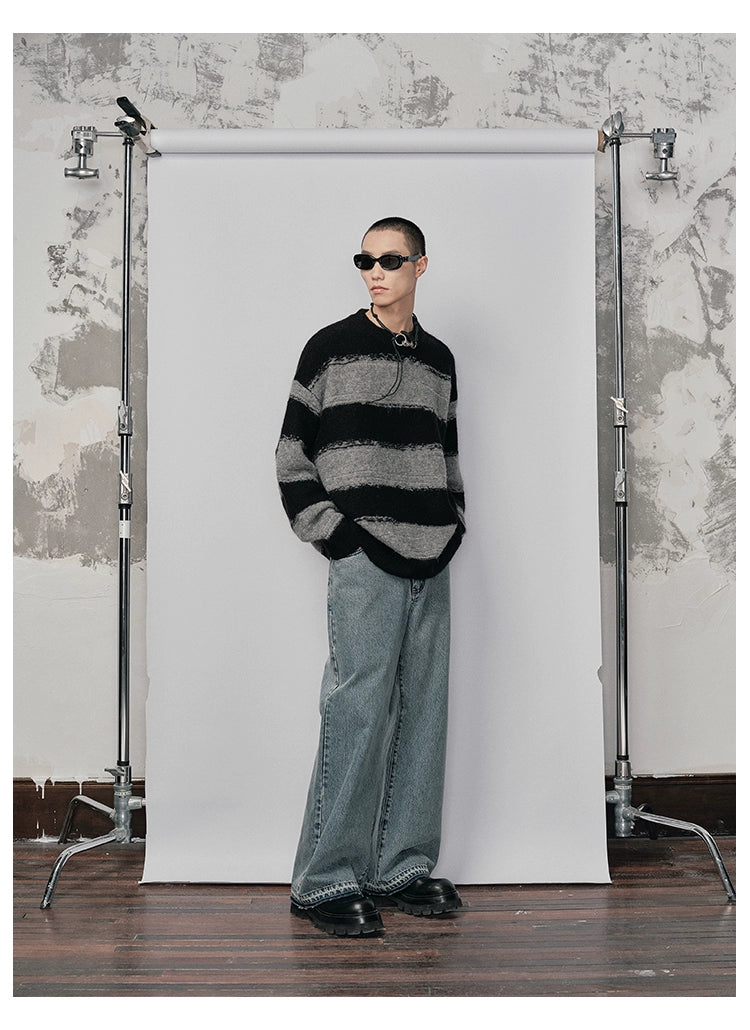 Irregular Wide-striped Oversized Round Neck Sweater