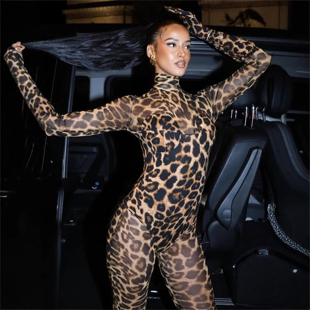 Autumn Slim Mesh See Through Leopard Print Stretch Jumpsuit