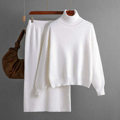 Color Turtleneck Sweater Sheath Skirt Two Piece Set Autumn Winter Knitting Suit