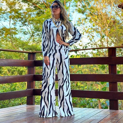 Suit Printed Shirt Spring Autumn Wide Leg Pants Two Piece Suit
