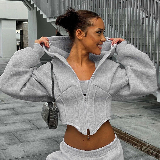 Autumn Winter Zipper Long Sleeve Hooded Cardigan Cropped Coat Top
