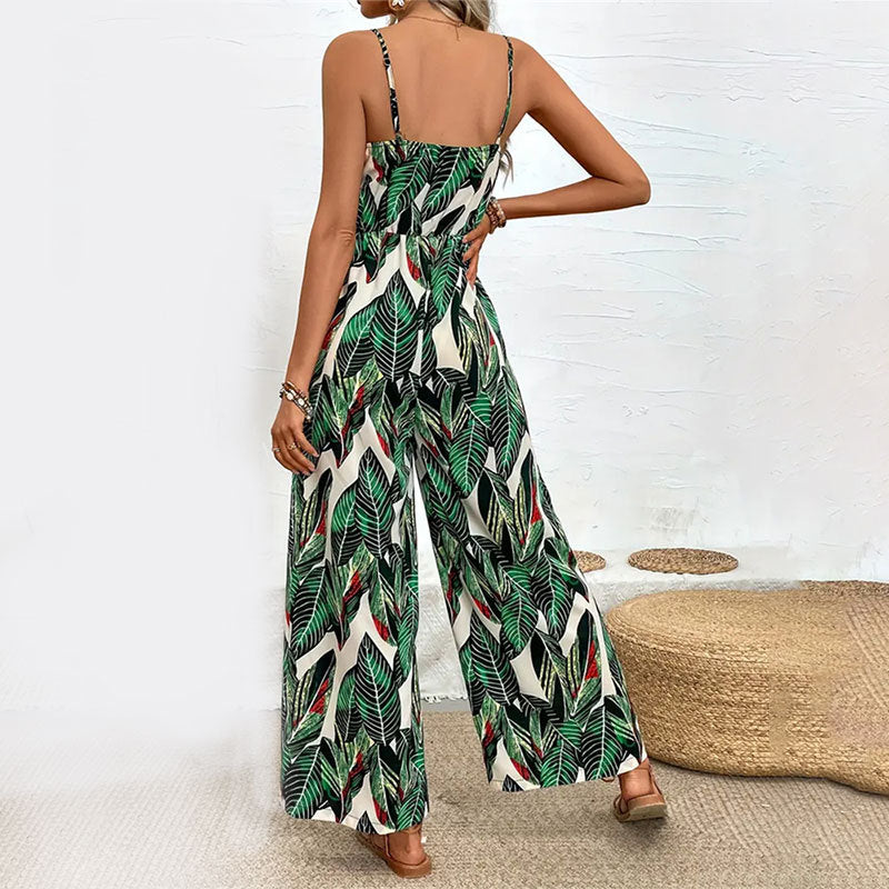 Clothing Printed Suspender Wide Leg Pants Draping Effect Trousers Suspender No Belt Jumpsuit