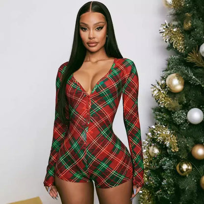 Clothing Christmas Printed Checks V Neck Long Sleeve Romper Featured Festive Jumpsuit