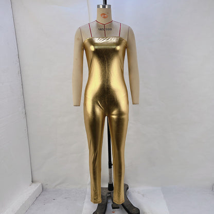 Metallic Coated Fabric Clothing Autumn Winter Tube Top Jumpsuit Trousers Overall