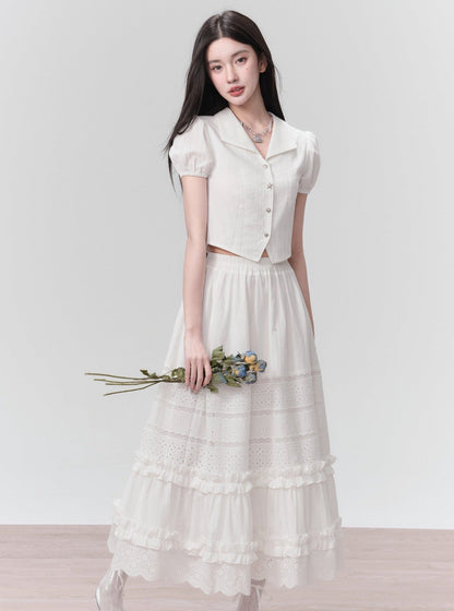 Ethereal Elegance Two-piece Set: Puff Sleeve Crop Blouse & Tiered Lace Midi Skirt - Pure White