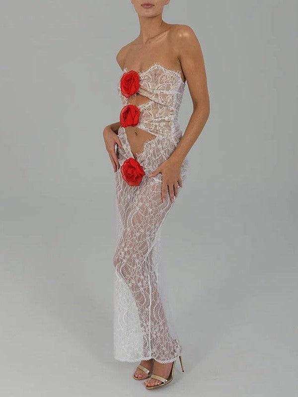 Lace Rose Tube Cutout See Through Maxi Dress