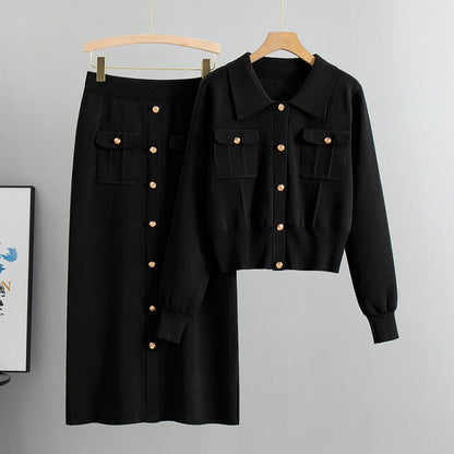 French Collared Chanel Autumn Winter Sweater Cardigan Top Knitted Slim Skirt Two Piece Set