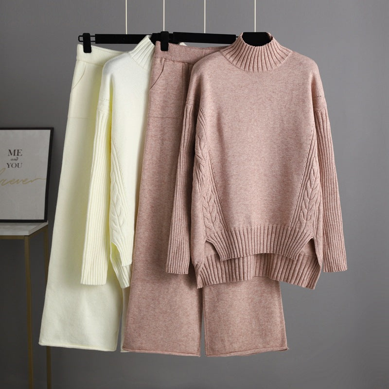 Autumn Winter Fashionable Stylish Sweater Suit Drape Knit Wide Leg Pants Two Piece Set