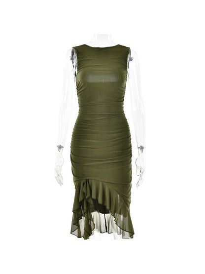 Round Neck Sleeveless Backless Pleated Midi Dress