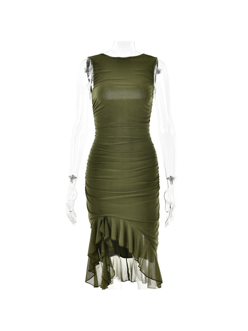 Round Neck Sleeveless Backless Pleated Midi Dress