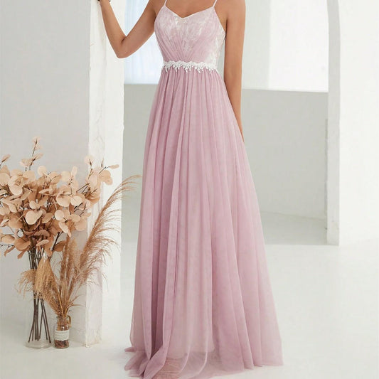 Suspender Evening Dress Mesh Cross Fold Lace Contrast Color Maxi Dress Summer