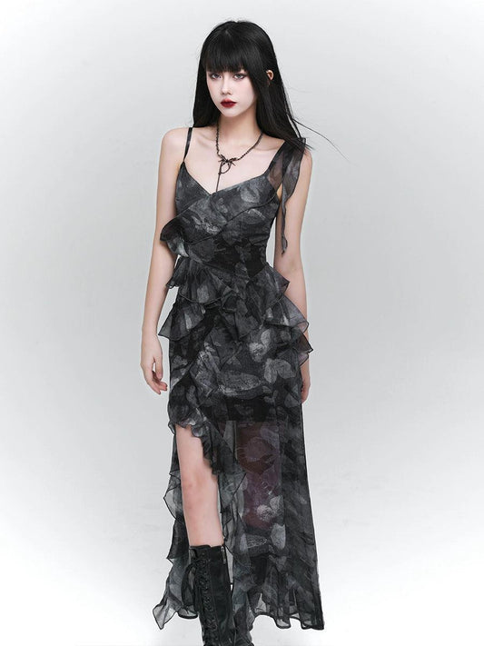 Ladyghost Dark Glamour Asymmetrical Maxi Dress - Sheer Print Ruffle Dress With High Slit