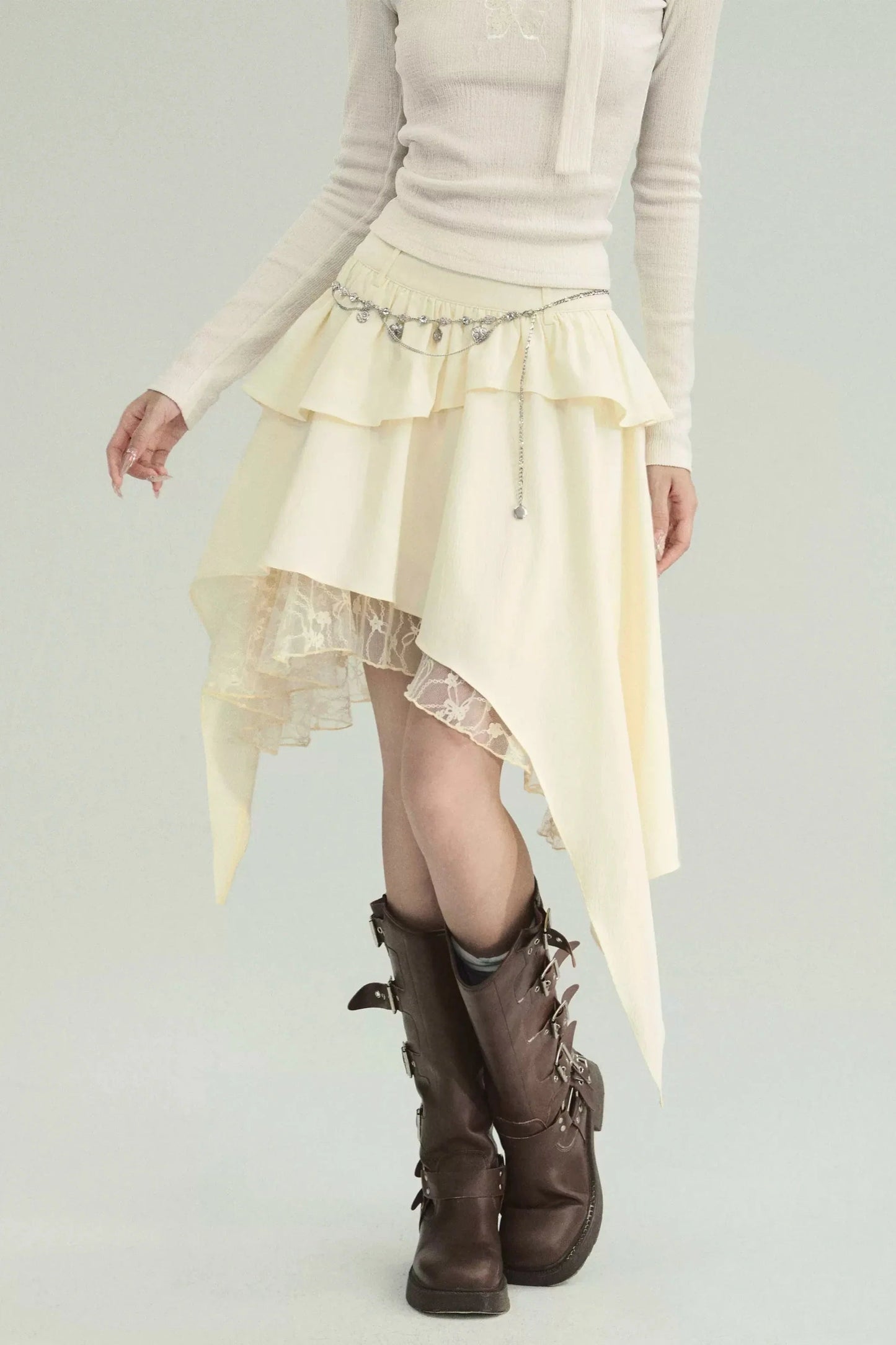 Ethereal Ivory Ensemble: Asymmetric Ruffled Midi Skirt & Choker-neck Fitted Sweater Set