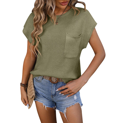Clothing Round Neck Pocket Decorative Top Sweater With Short Sleeves