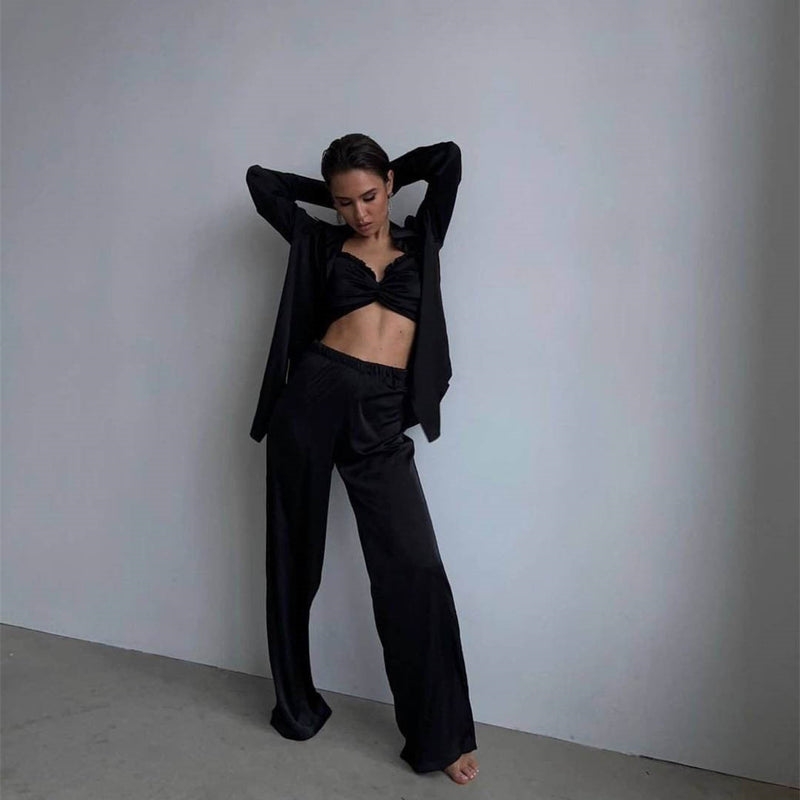 Spring Autumn Satin Three Piece Set Clothing Satin Wrapped Chest Vest Shirt Pants Set