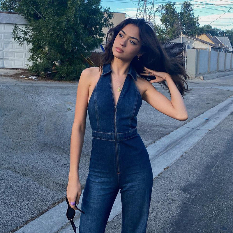 Clothing Slim Fit Slimming Zipper Sleeveless V-neck High Waist Retro Denim Jumpsuit