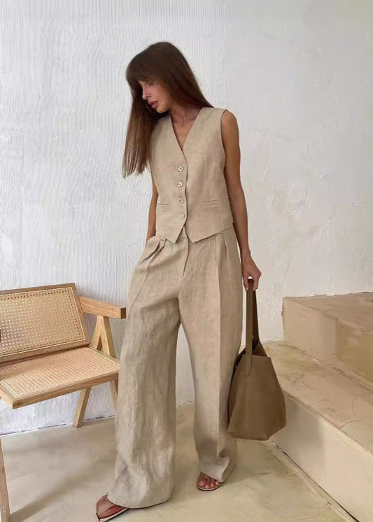 Linen Vest & Wide-leg Pants Set
