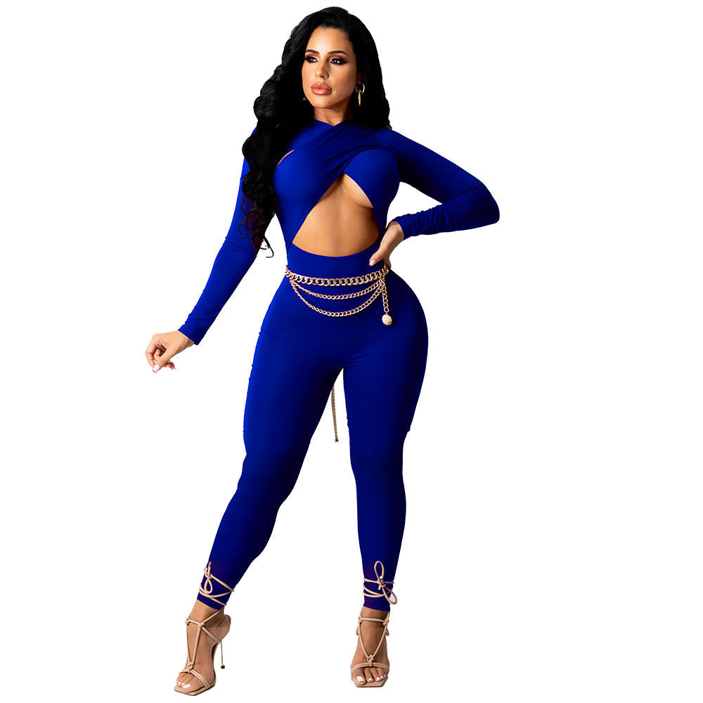 Autumn Winter Crossover Lace Up Color Jumpsuit