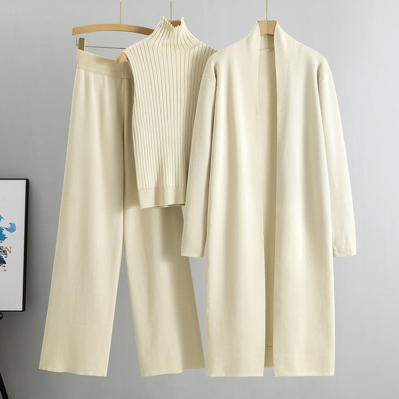 Spring Loose Knitting Suit Long Shawl Cardigan Turtleneck Vest Wide Leg Pants Three Piece Set