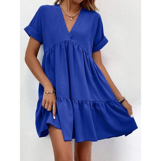 Color Loose Waist Midi Dress V Neck Dress for
