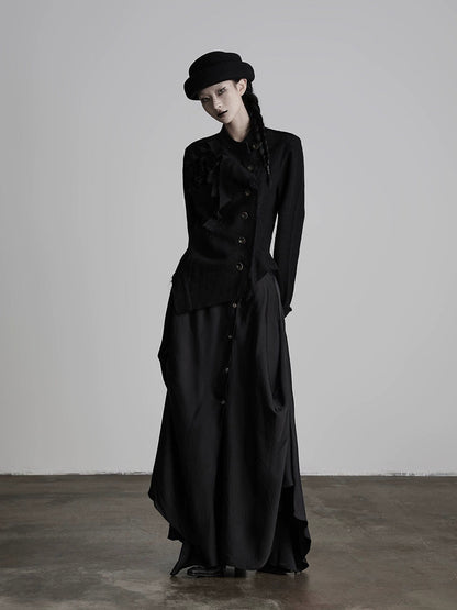 Buttoned Patchwork Black Irregular Skirt