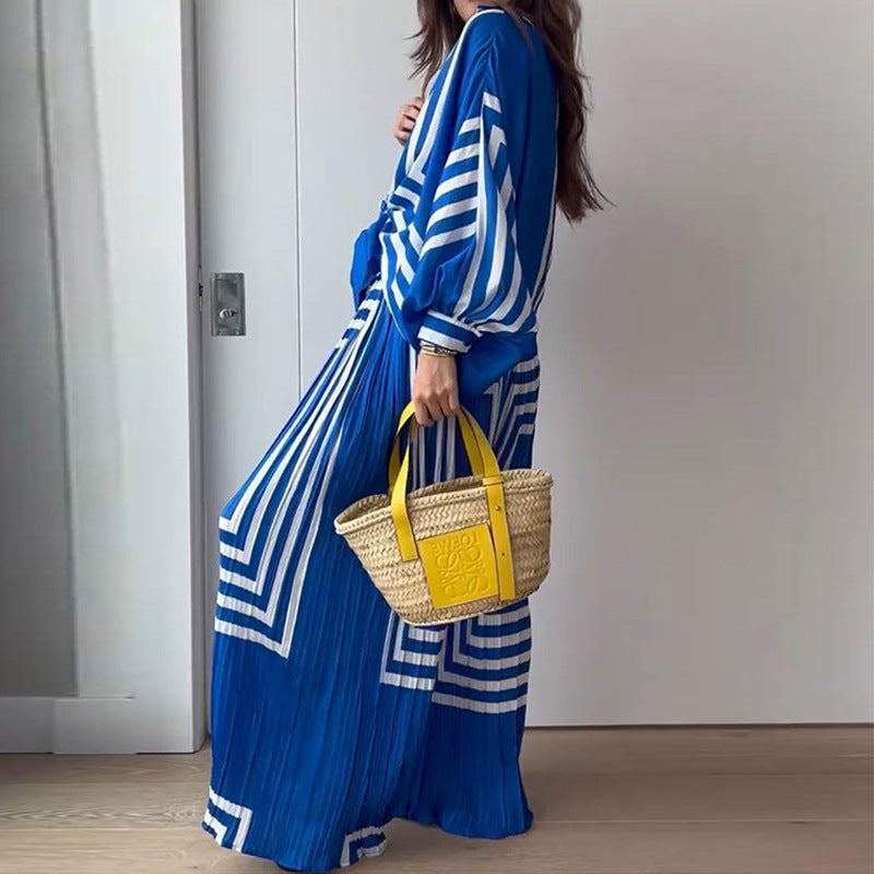 Spring Clothing Printed Long Sleeved Shirt Pleated Straight Wide Leg Pants Set