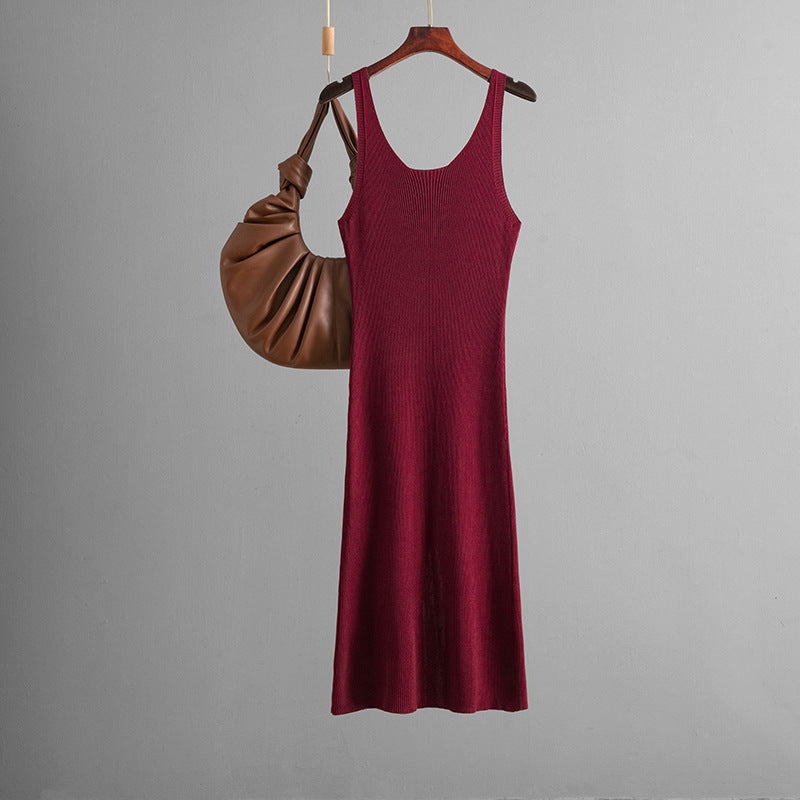 Knitted Sling Dress Summer Color Back Slit Sheath Maxi Dress