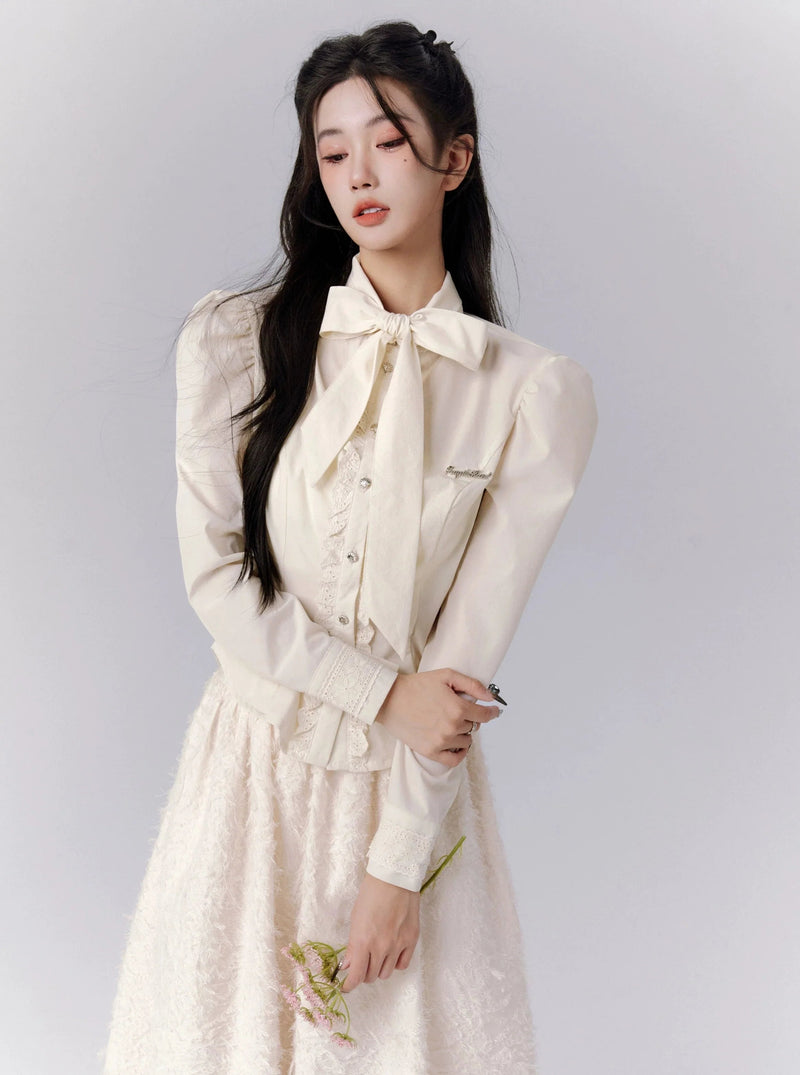-inspired Cream Puff Sleeve Blouse and Midi Skirt Set