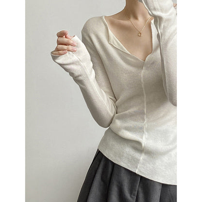 French V Neck Open Sweater Spring Inner Wear Slim Fit Long Sleeve Top