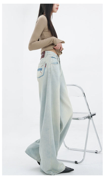Light Blue Loose Straight Wide-leg Denim Pants With Embroidery Design