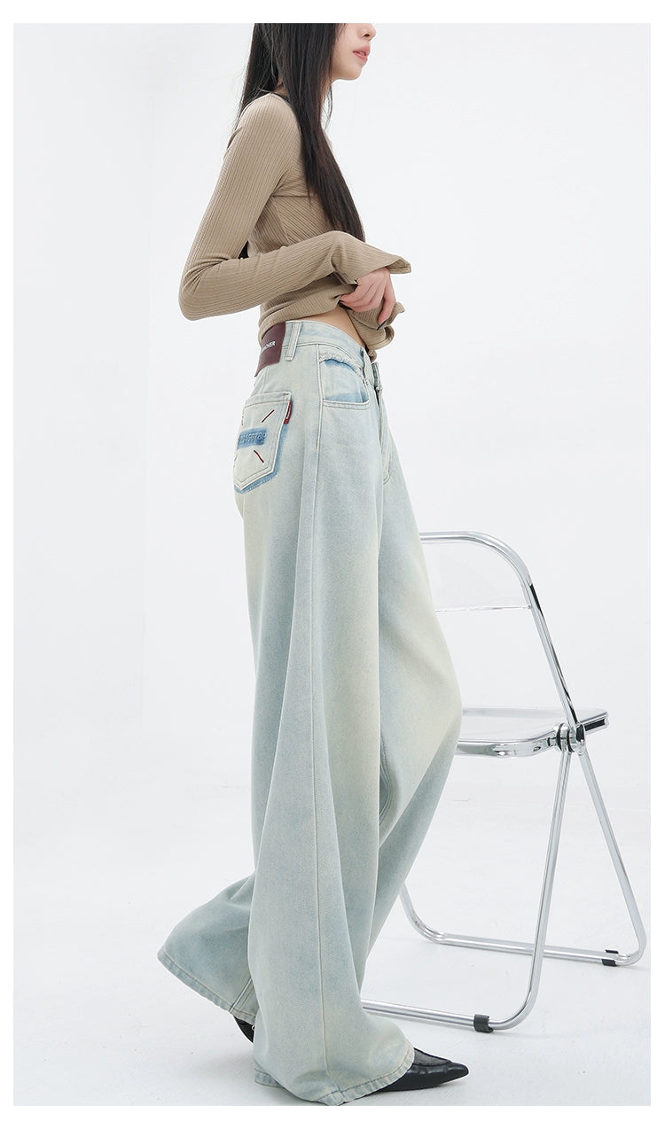 Light Blue Loose Straight Wide-leg Denim Pants With Embroidery Design