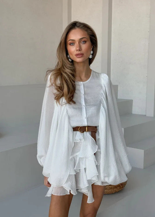 Alba Flounce Mini Dress – Flowy White Belted Dress With Ruffles