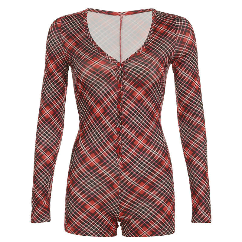 Clothing Christmas Printed Checks V Neck Long Sleeve Romper Featured Festive Jumpsuit