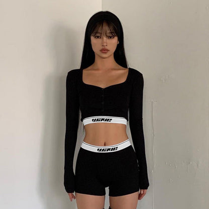 Clothing Tight Long Sleeves Cropped Shirt Top High Waist Shorts Sports Two Piece Seit