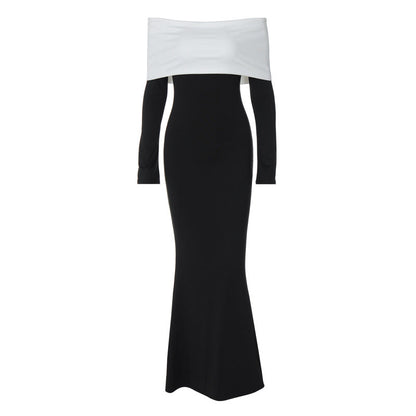 Clothing Autumn Winter Contrast Color Off Shoulder Long Sleeve Waist Slimming Maxi Dress