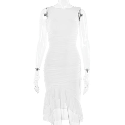 Spring Summer Round Neck Sleeveless Dress Tight Backless Pleated Midi Dress