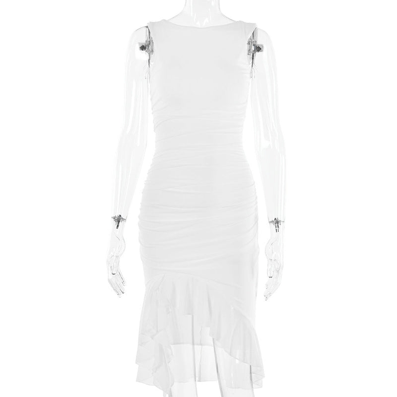 Spring Summer Round Neck Sleeveless Dress Tight Backless Pleated Midi Dress