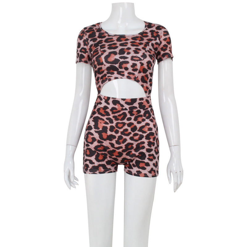 Summer Leopard Print Short Sleeve Backless Romper Jumpsuit for