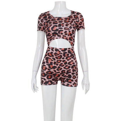 Summer Leopard Print Short Sleeve Backless Romper Jumpsuit for