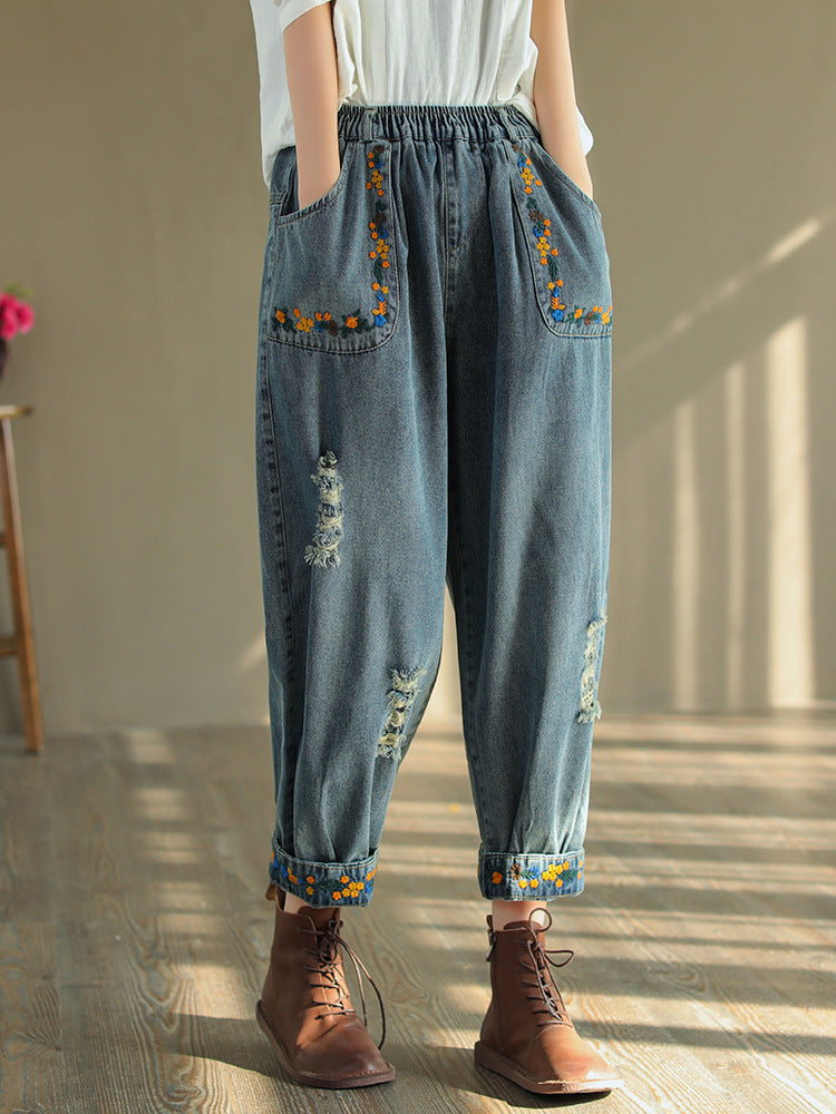 Ripped Embroidered Denim Harem Pants Op1025