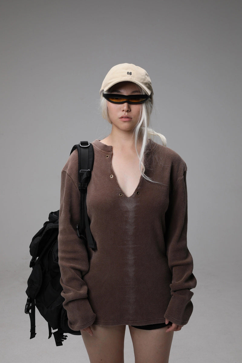 Brown Textured V-neck Sweater