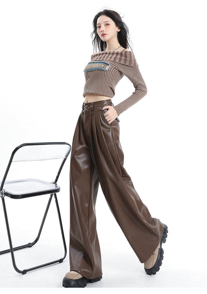 Coffee Wide-leg Pu Leather Pants